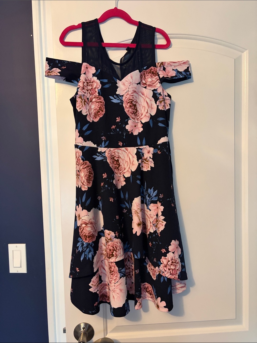 Speechless Navy Floral Cold-Shoulder Girls Dress with Pink Roses